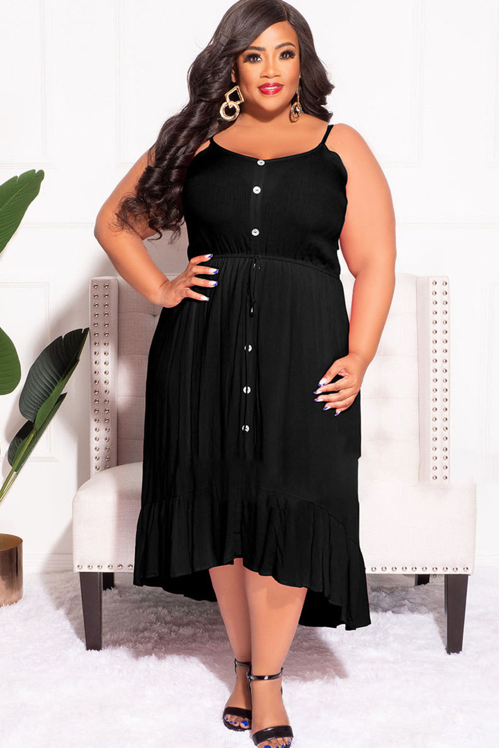 Black Plus Size Spaghetti Straps Buttoned Ruffle Midi Dress Plus Size Dresses JT's Designer Fashion