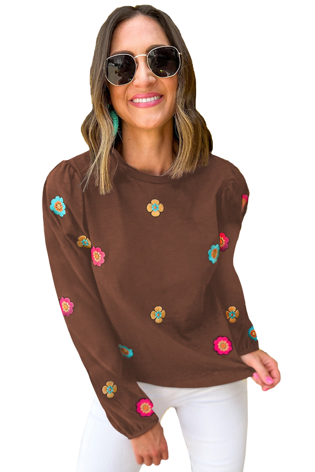 Coffee Floral Embroidered Puff Sleeve Blouse Tops & Tees JT's Designer Fashion