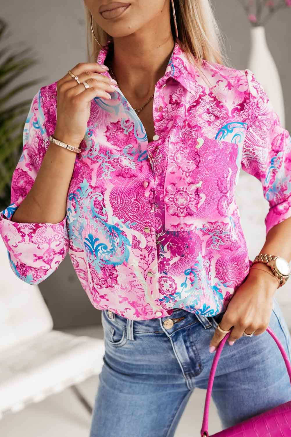 Rose Floral Chest Pocket Long Sleeve Button Up Shirt Tops & Tees JT's Designer Fashion