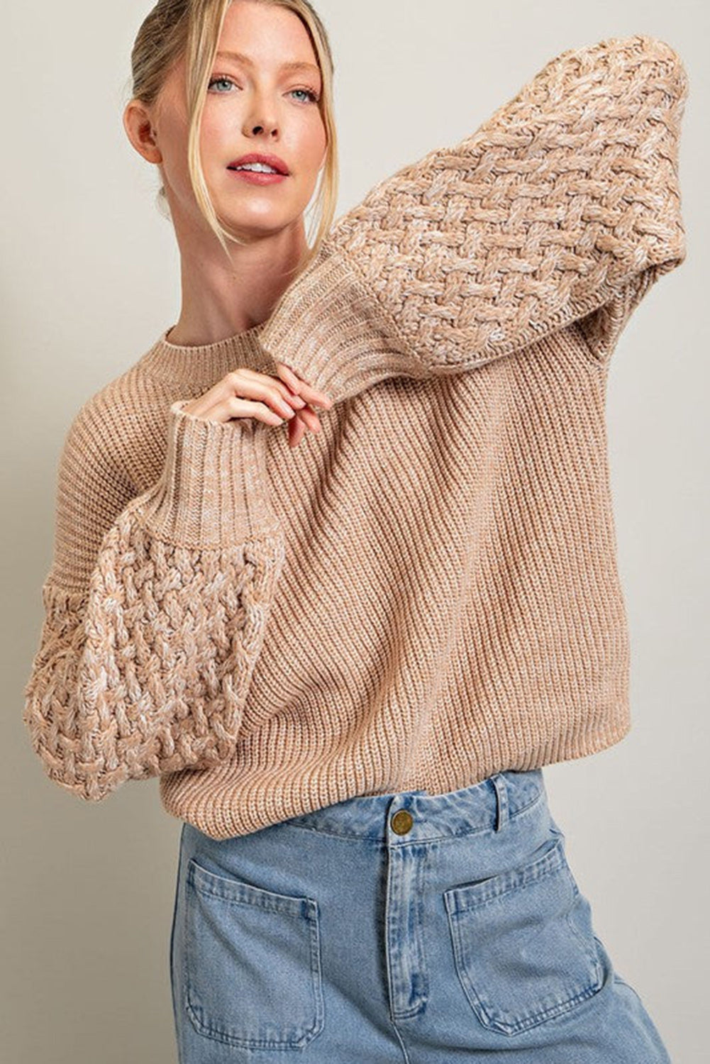 Parchment Cable Knit Sleeve Drop Shoulder Sweater Sweaters & Cardigans JT's Designer Fashion