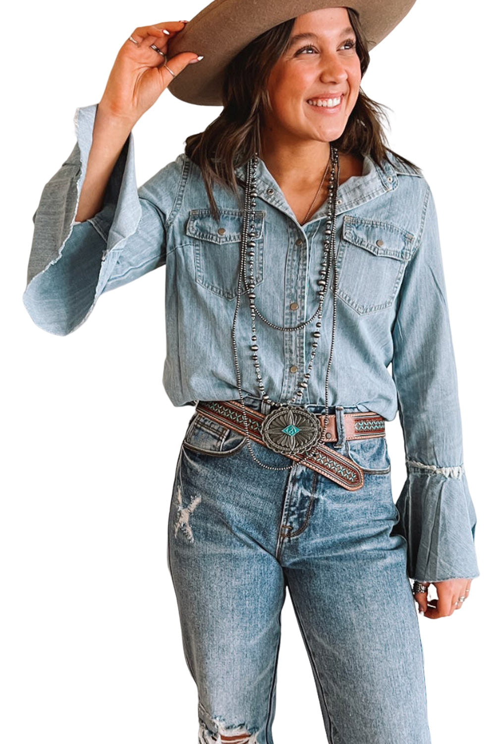 Sky Blue Chest Pockets Bell Sleeve Buttoned Denim Jacket Denim jackets JT's Designer Fashion