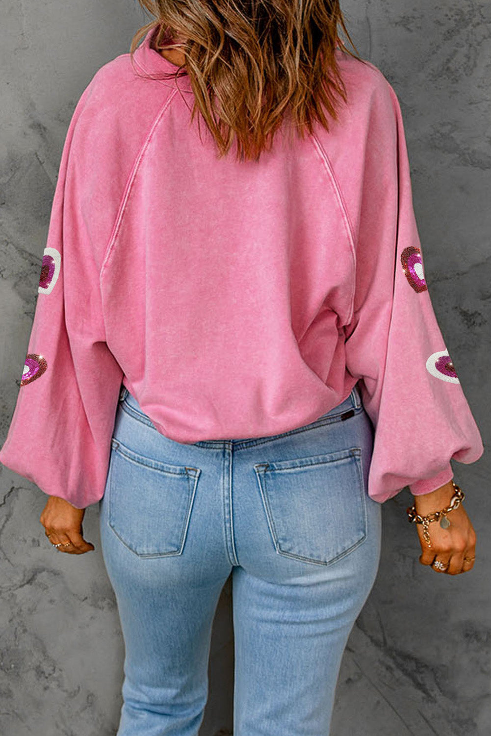 Pink Mineral Wash Sequin Heart Snap Buttons Collared Sweatshirt Graphic Sweatshirts JT's Designer Fashion