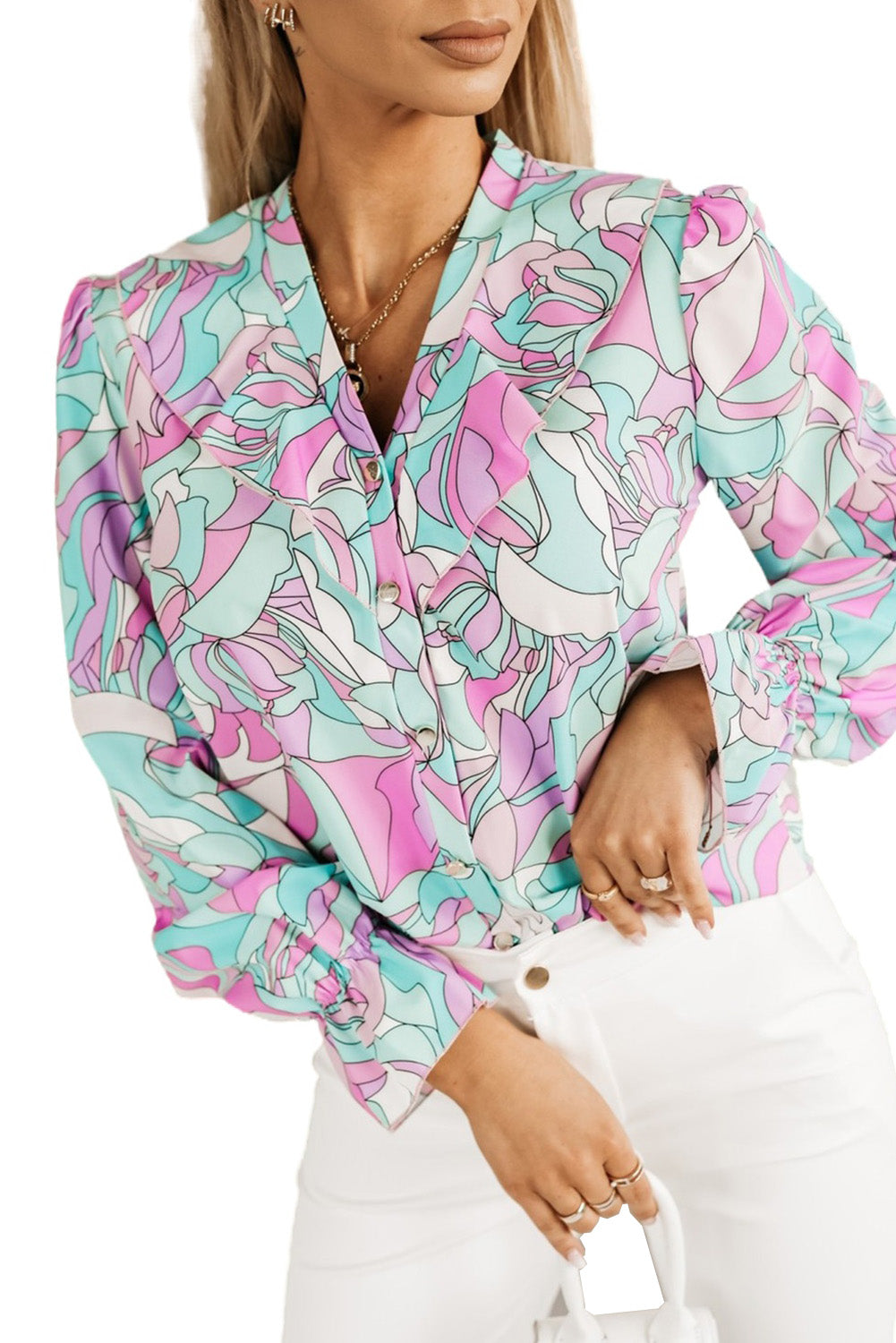 Purple Floral Printed Ruffle Lapel V Neck Shirt Tops & Tees JT's Designer Fashion