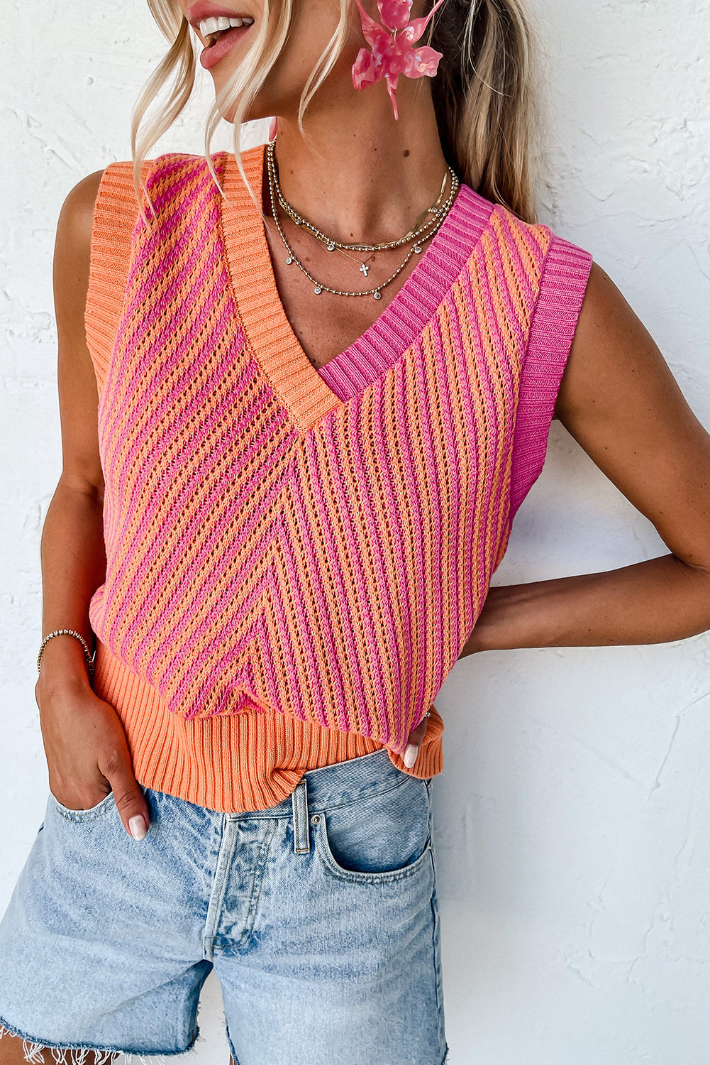 Strawberry Pink Contrast Chevron Knit V Neck Sweater Vest Pre Order Sweaters & Cardigans JT's Designer Fashion