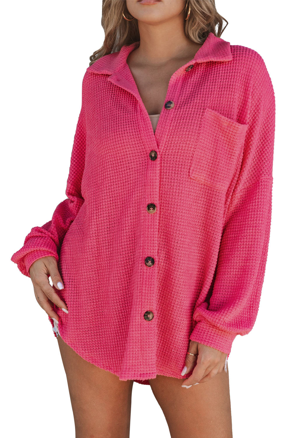 Pink Waffle Knit Button Up Casual Shirt Blouses & Shirts JT's Designer Fashion