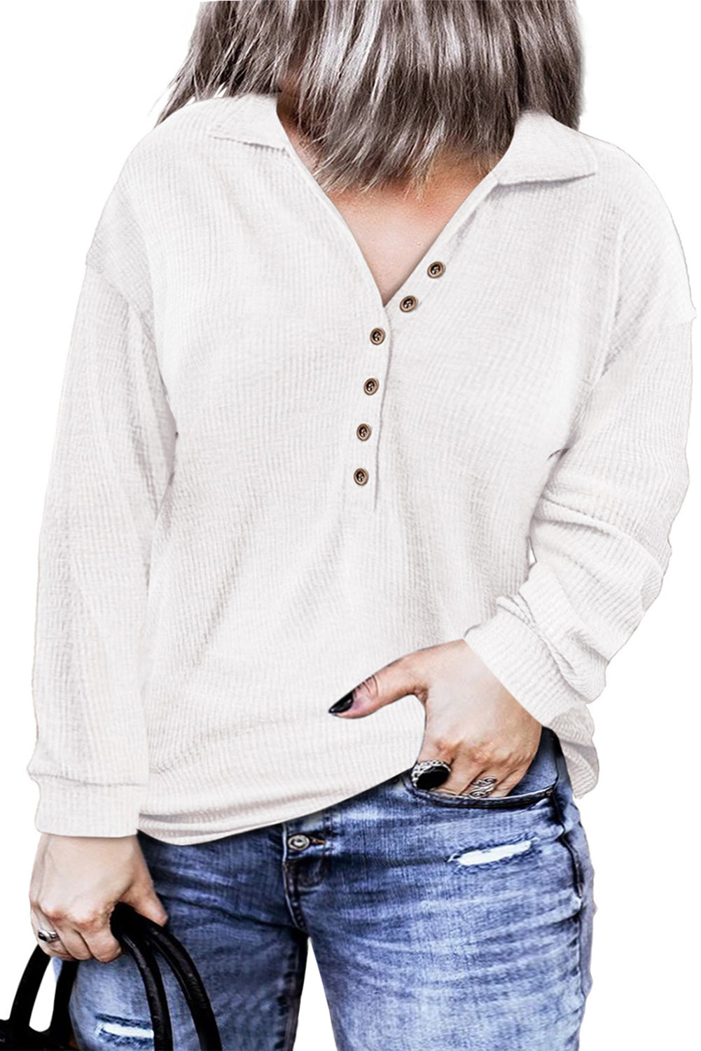 White Plus Size Corded Long Sleeve Collared Henley Top Plus Size JT's Designer Fashion