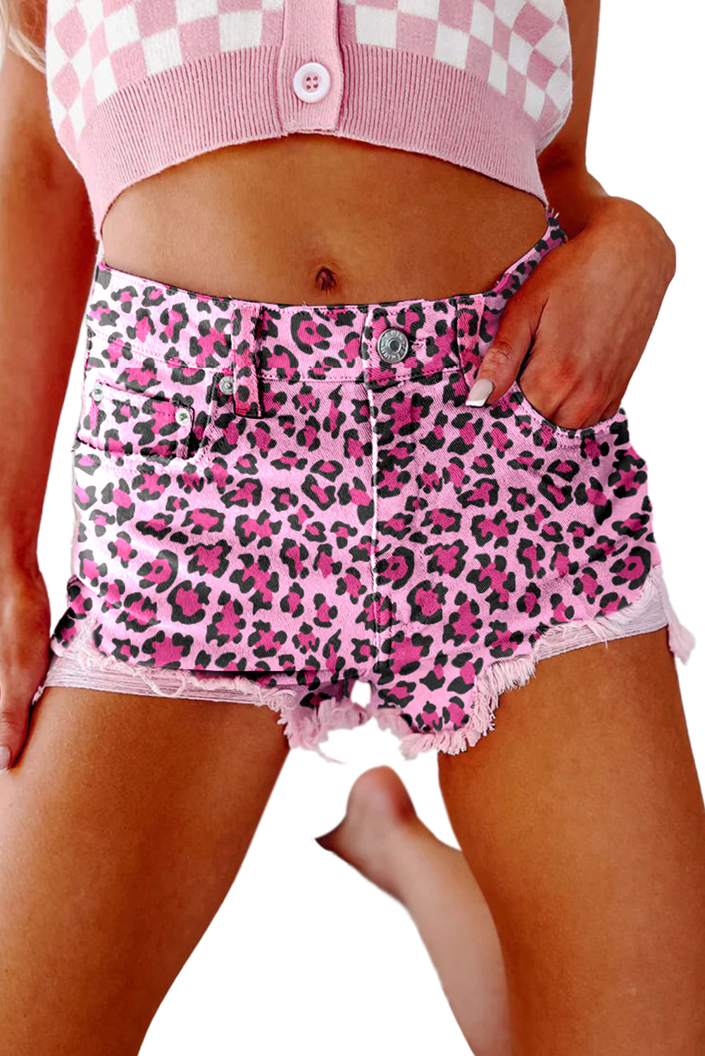 Barbie Style Pink Leopard Print Raw Hem Denim Shorts Denim Shorts JT's Designer Fashion