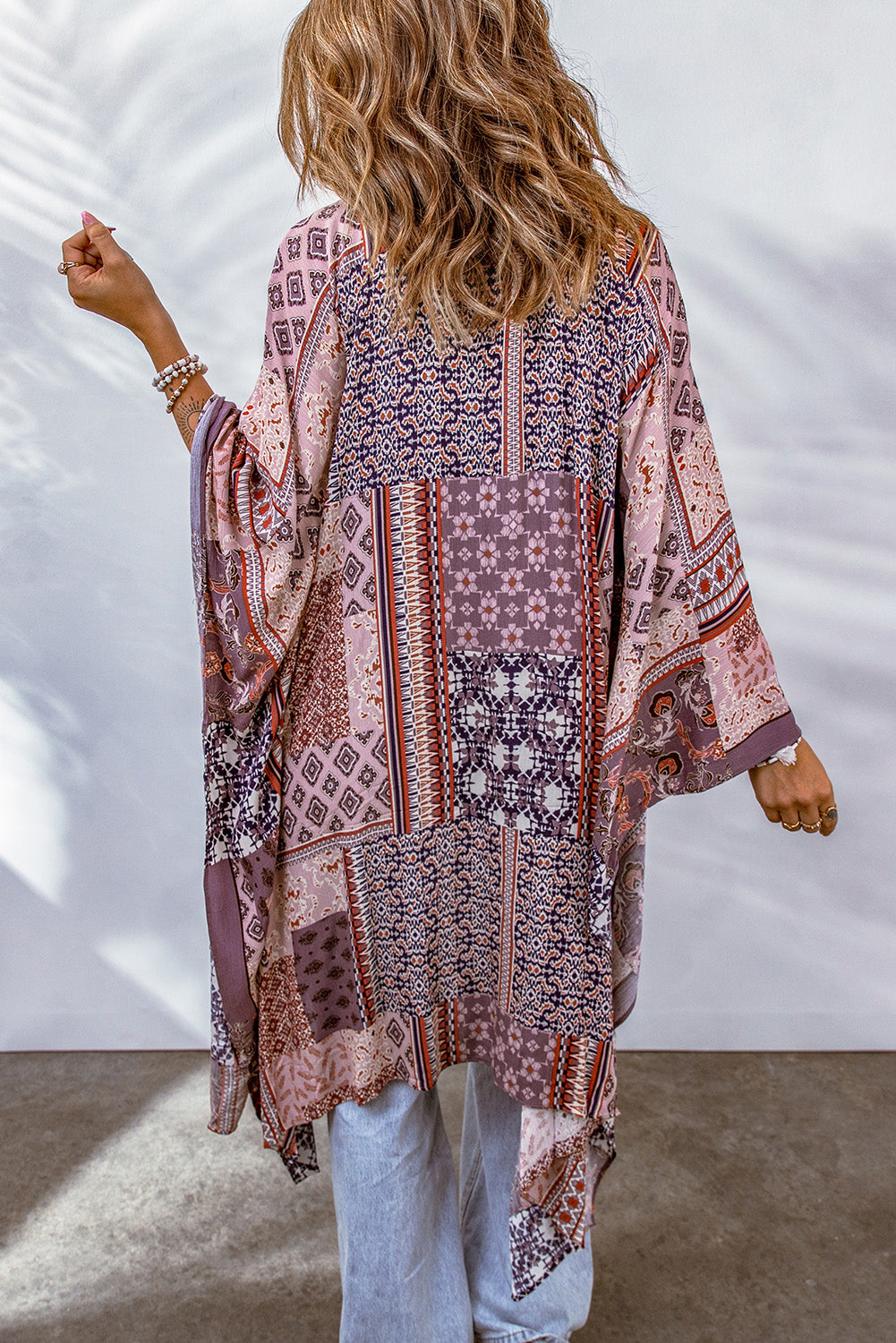 Pink Geometric Print Open Front Kimono Kimonos JT's Designer Fashion