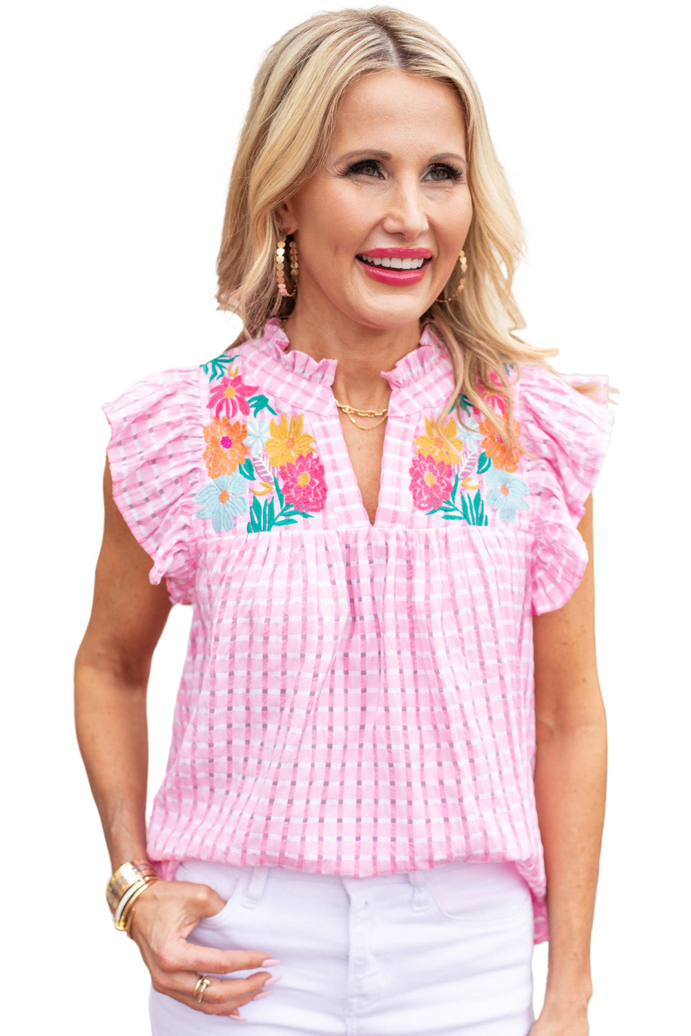 Pink Floral Embroidered Check Ruffle Flutter Sleeves Blouse Blouses & Shirts JT's Designer Fashion