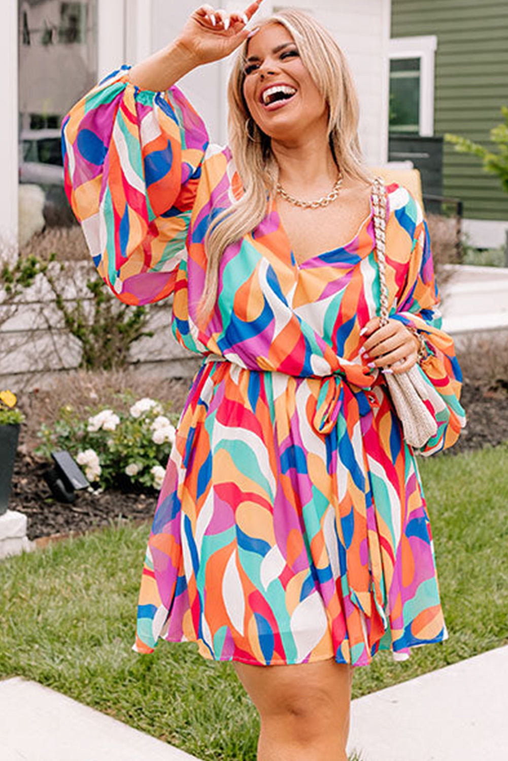 Pink Plus Size Geometric Print V Neck Balloon Sleeve Dress Plus Size JT's Designer Fashion