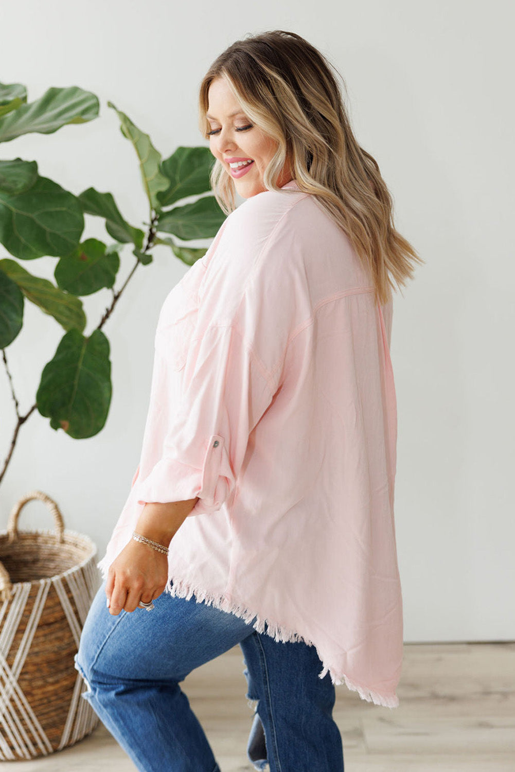 Pink Flap Pocket Tab Sleeve Button-Down Plus Size Shirt Plus Size JT's Designer Fashion