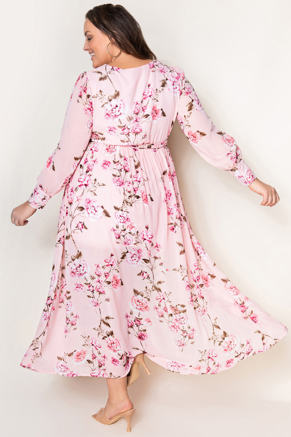 Pink Plus Size Floral Long Sleeve Surplice Tied Split Dress Plus Size JT's Designer Fashion