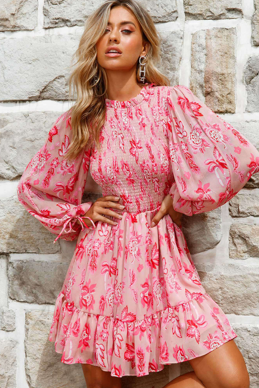 Pink Floral Long Balloon Sleeve Frill Stand Neck Smock Ruffle Dress Dresses JT's Designer Fashion