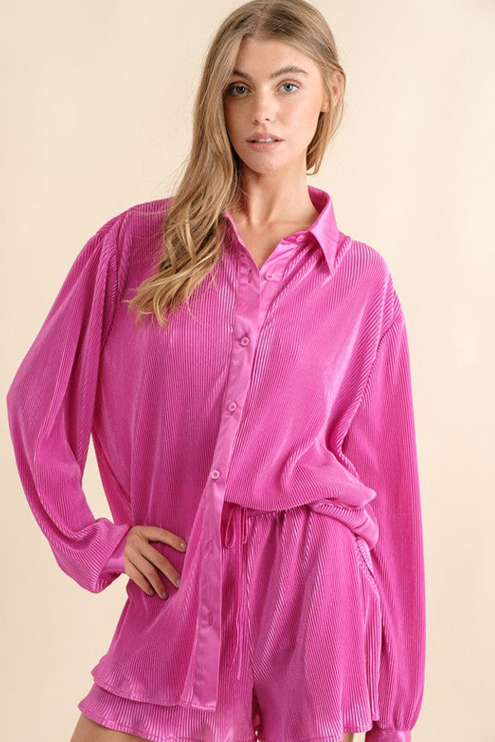 Rose Pleated Long Sleeve Shirt and Shorts Lounge Set Bottoms JT's Designer Fashion