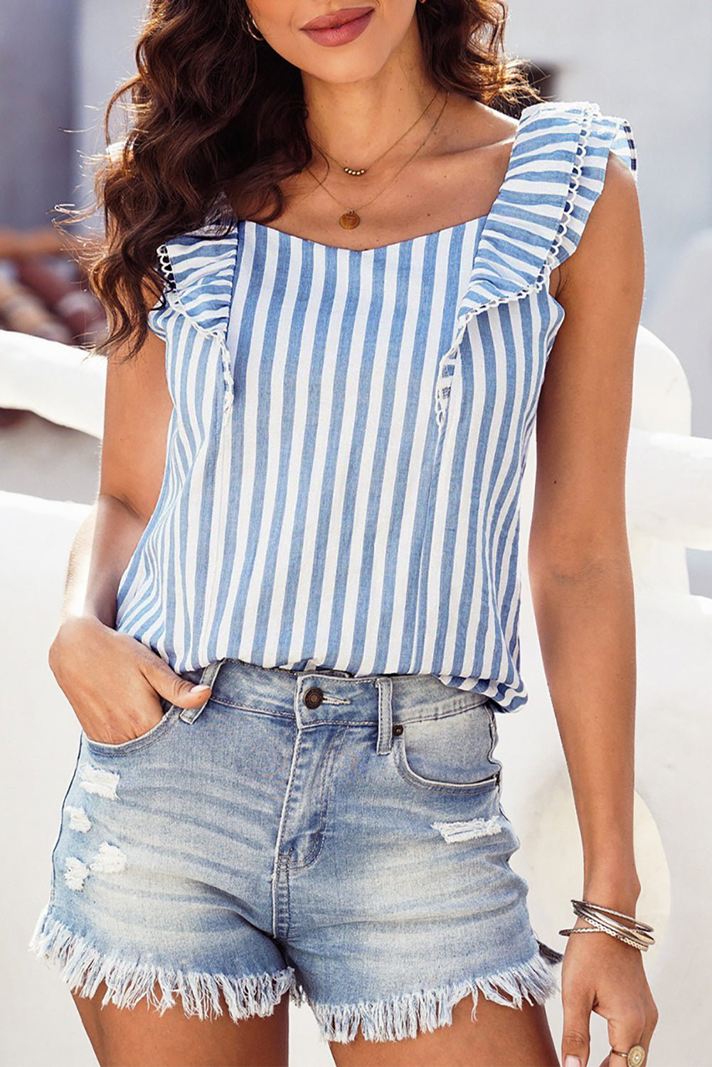 Blue Striped Tie Back Ruffle Trim Tank Top Tank Tops JT's Designer Fashion