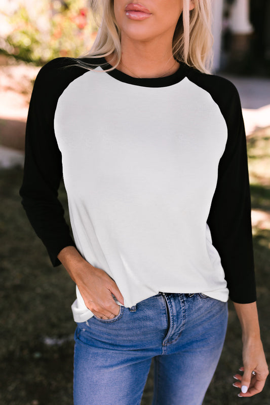 Black Color Block Raglan Sleeve Pullover Top Black 60%Polyester+35%Viscose+5%Elastane Long Sleeve Tops JT's Designer Fashion