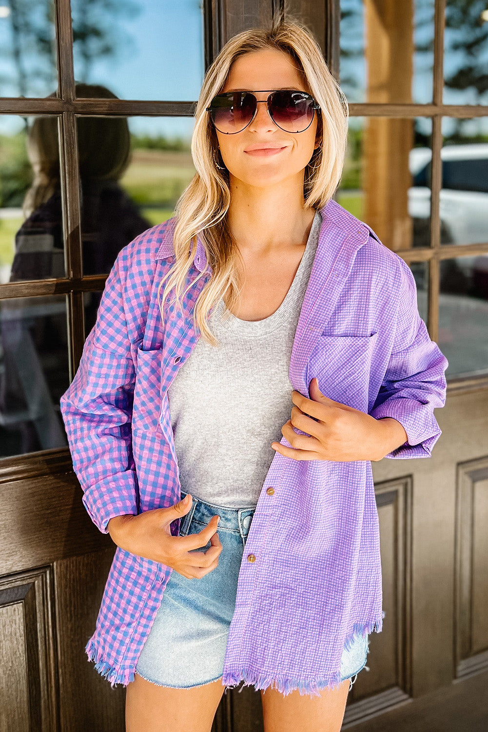 Purple Mixed Plaid Button Down Long Sleeve Chest Pocket Shirt Tops & Tees JT's Designer Fashion