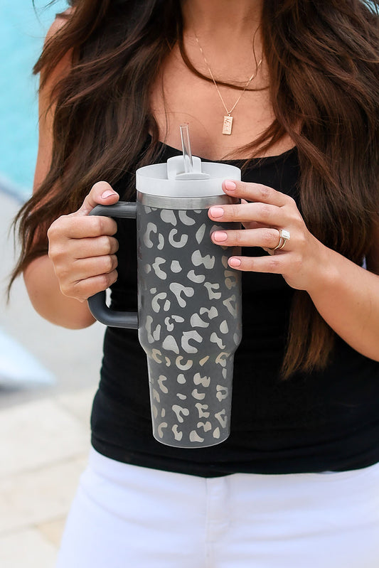 Gray Leopard Print 40OZ Stainless Steel Portable Cup with Handle Tumblers JT's Designer Fashion