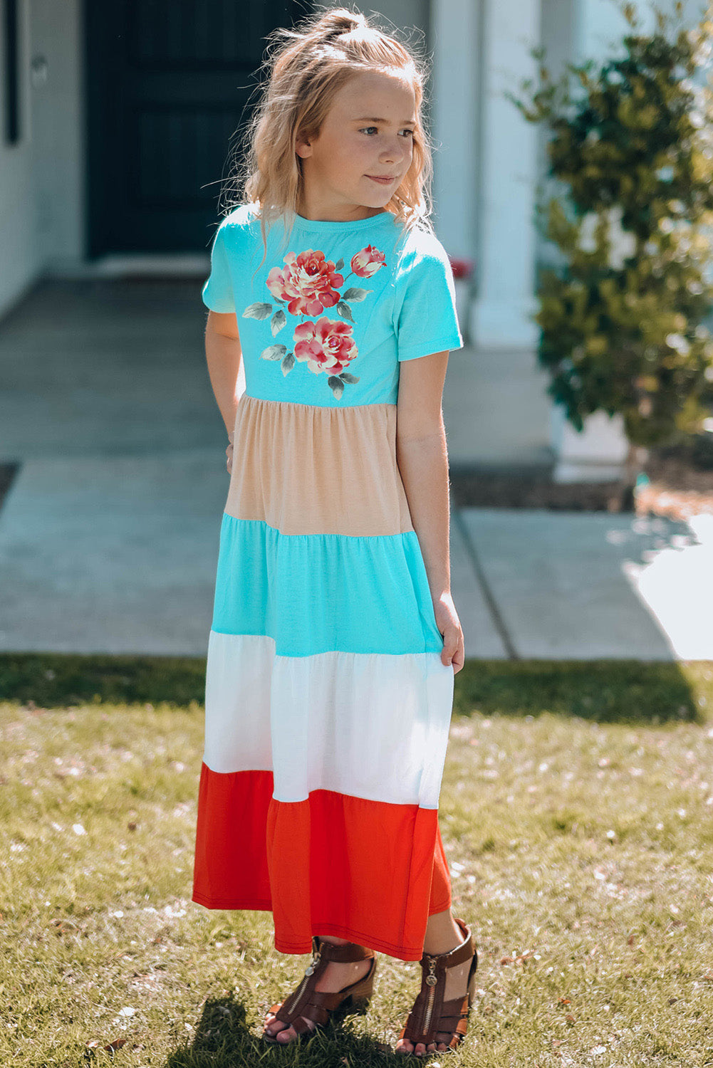 Multicolor Family Matching Floral Color Block Short Sleeve Girl's Maxi Dress Family Dress JT's Designer Fashion