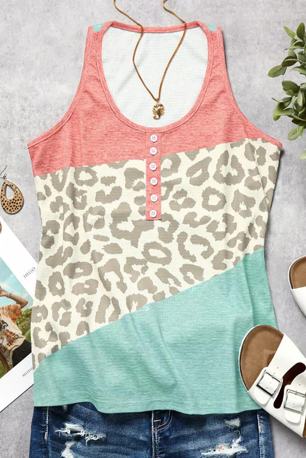 Leopard Color Block Button Casual Tank Top Tank Tops JT's Designer Fashion