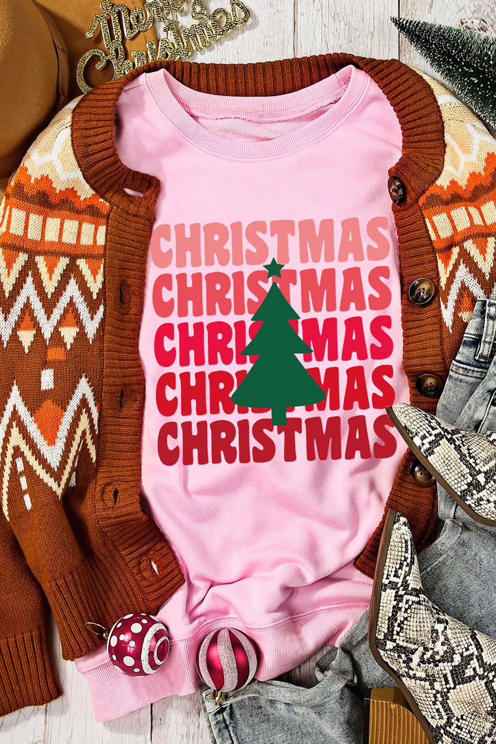 Pink CHRISTMAS Tree Print Drop Shoulder Sweatshirt Graphic Sweatshirts JT's Designer Fashion