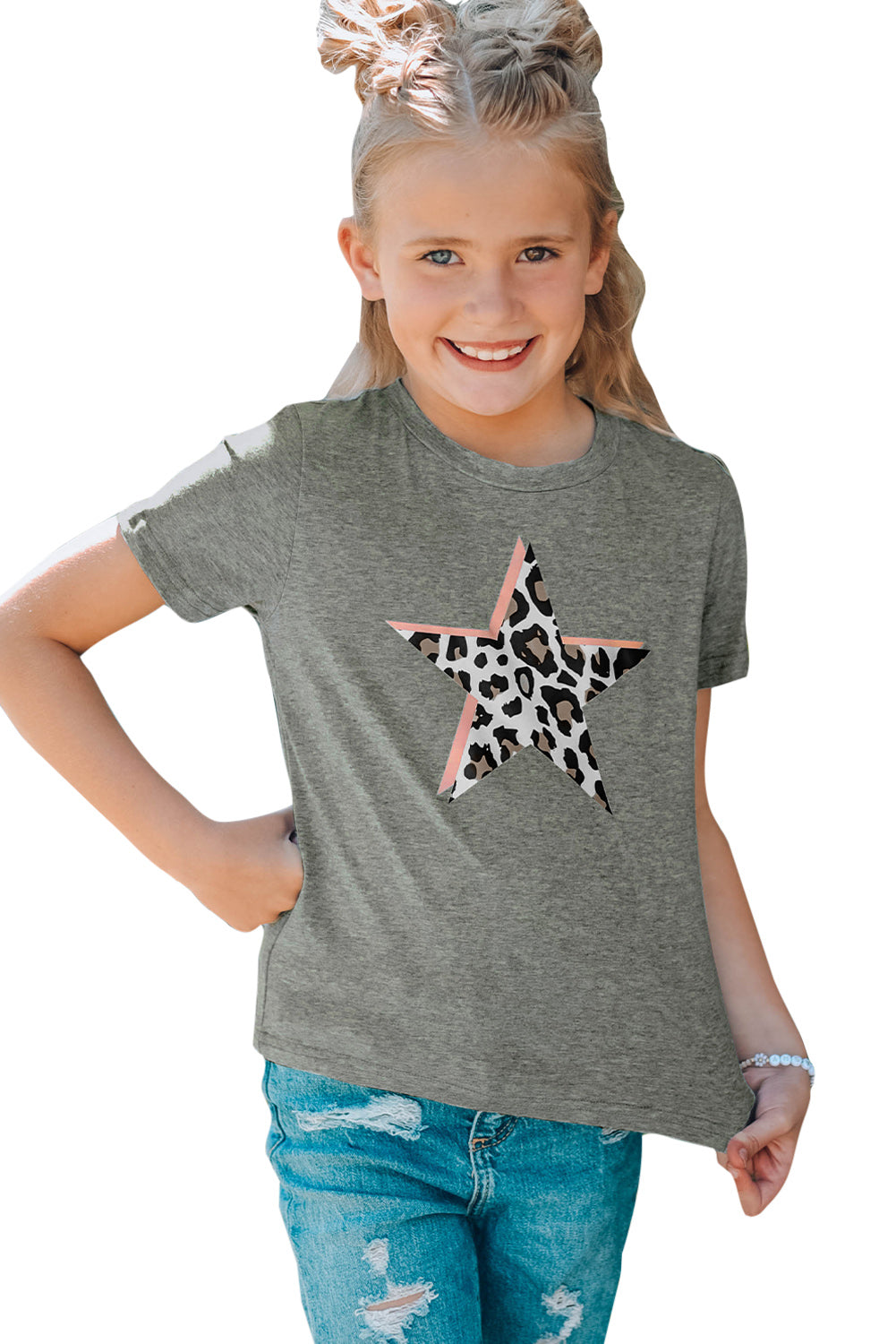 Gray Leopard Star Print Kid's Short Sleeve T-Shirt Family T-shirts JT's Designer Fashion