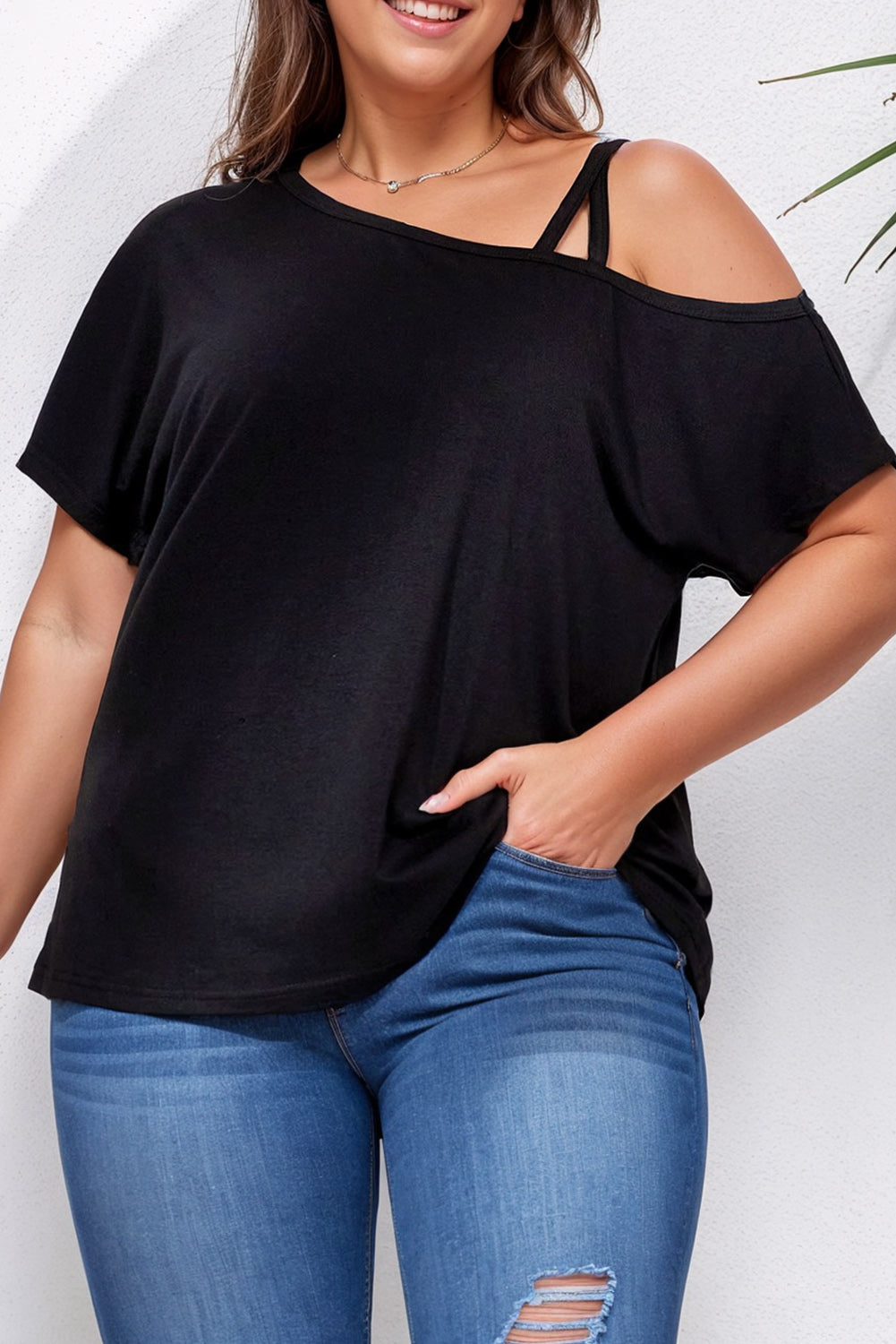 Black Strap Detail Asymmetric Shoulder Plus Size Top Plus Size JT's Designer Fashion