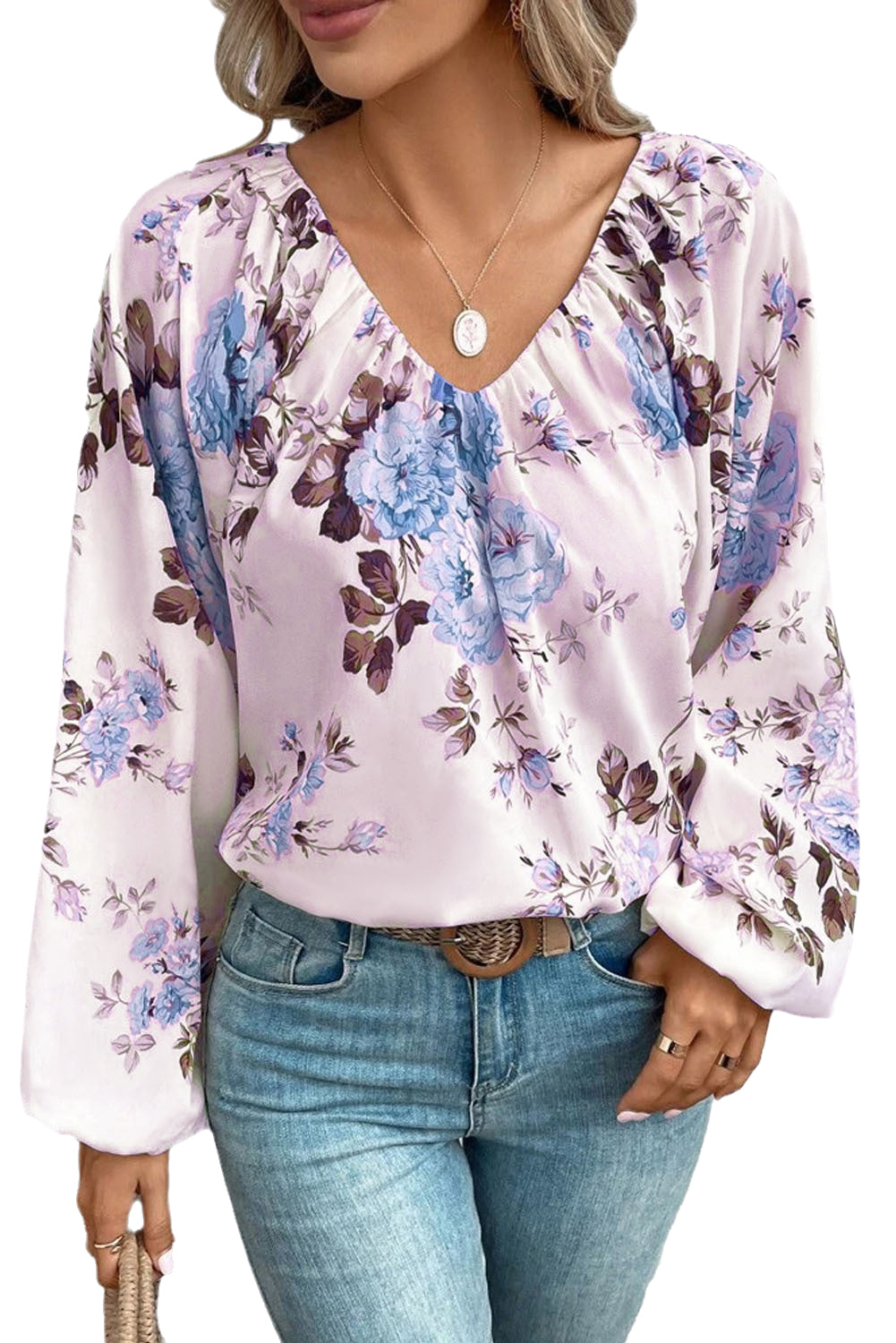 Purple Floral Print Lantern Sleeve V-Neck Blouse Tops & Tees JT's Designer Fashion