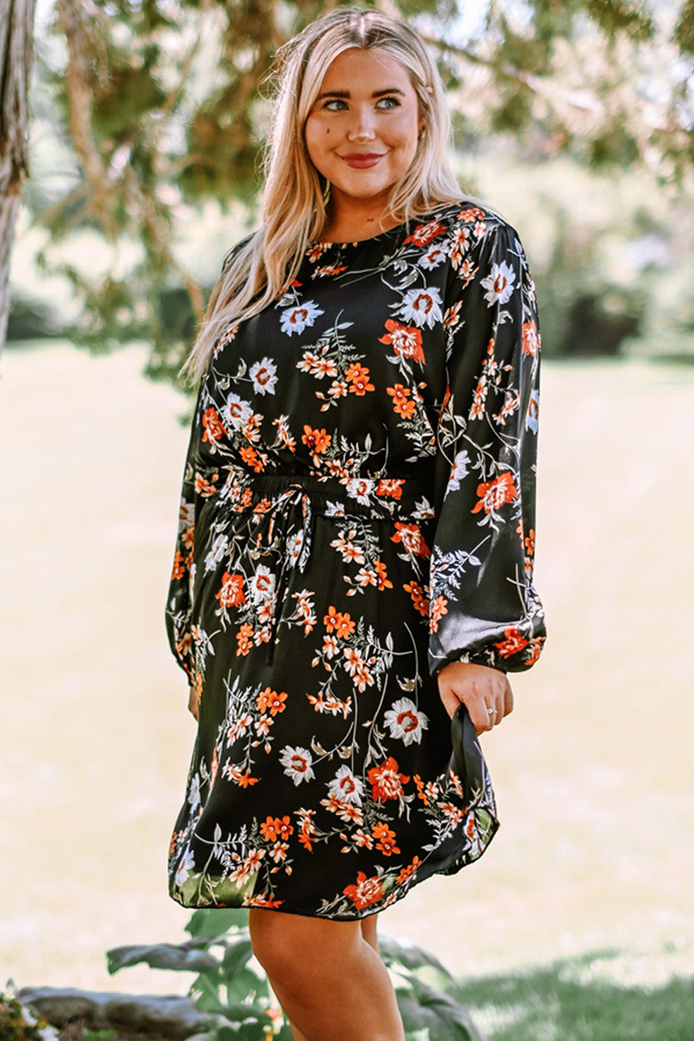 Black Plus Size Drawstring Long Sleeve Floral Dress Plus Size Dresses JT's Designer Fashion