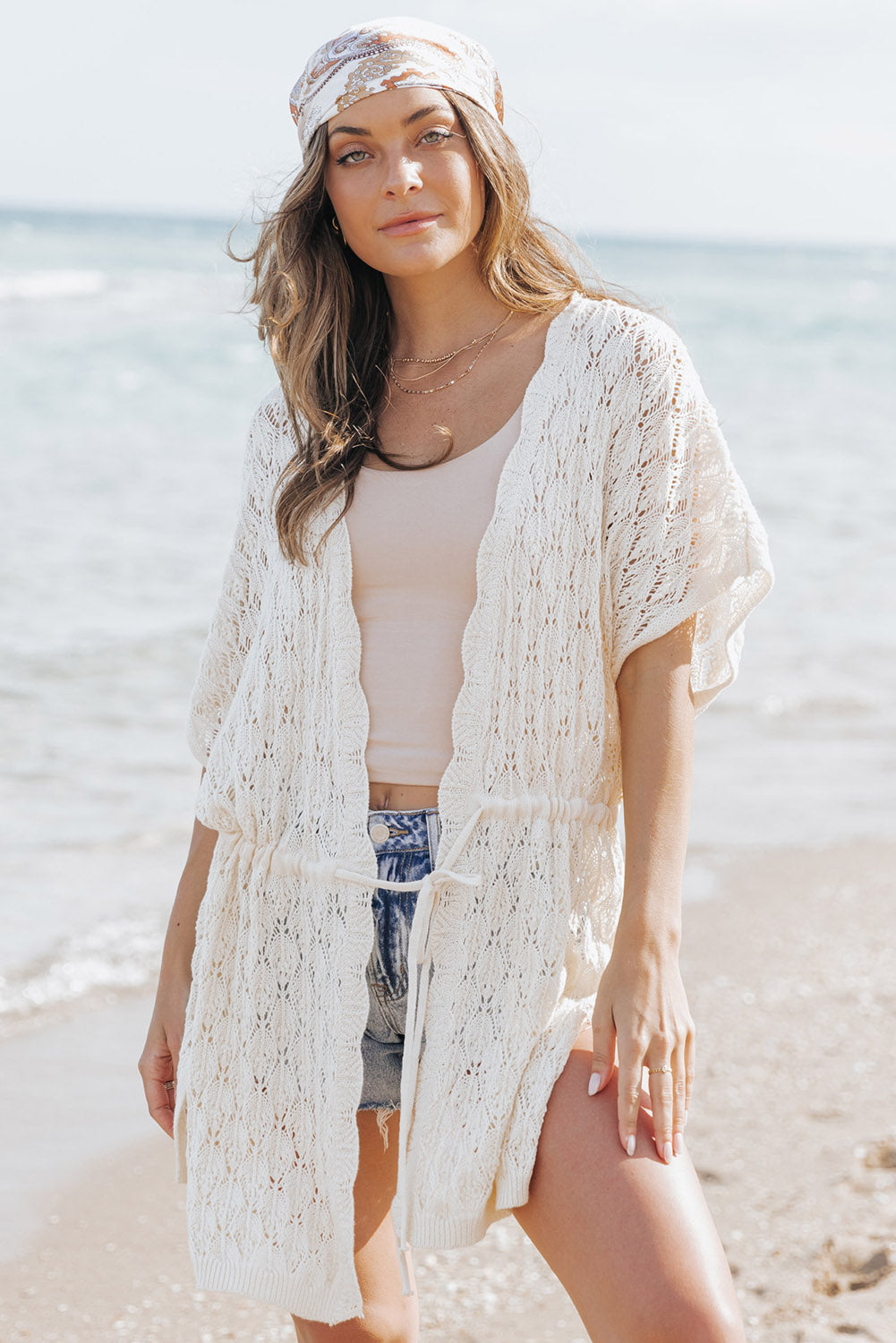 White Crochet Open Front Kimono with Slits Kimonos JT's Designer Fashion