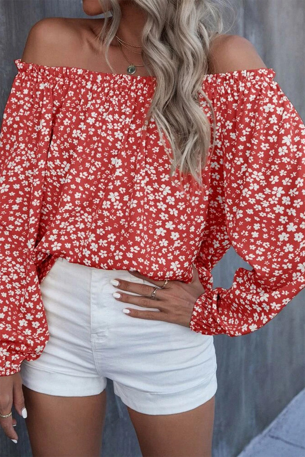 Red Floral Print Frill Trim Off-shoulder Lantern Sleeve Blouse Tops & Tees JT's Designer Fashion