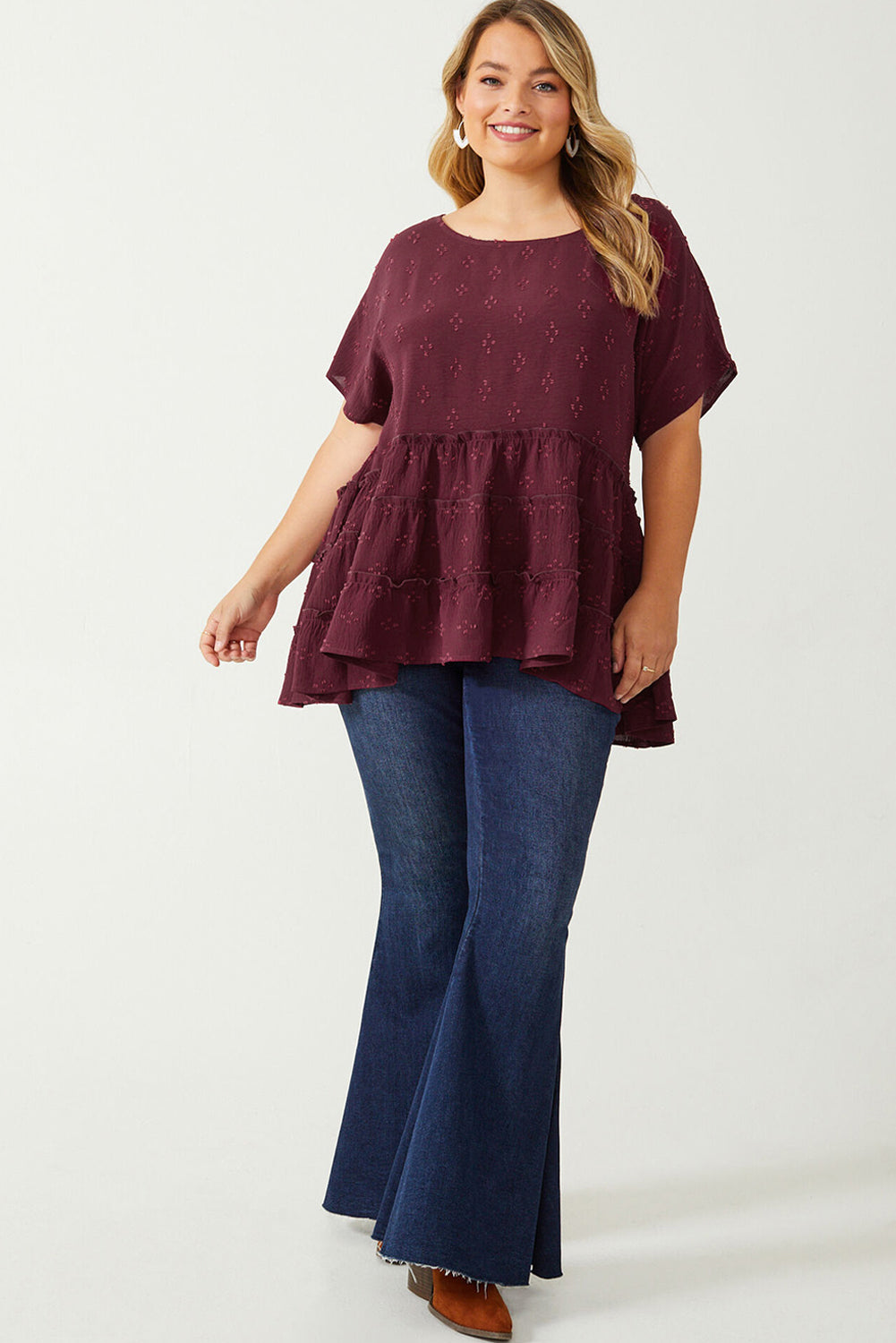 Red Plus Size Floral Embroidered Ruffled Short Sleeve Top Plus Size Tops JT's Designer Fashion