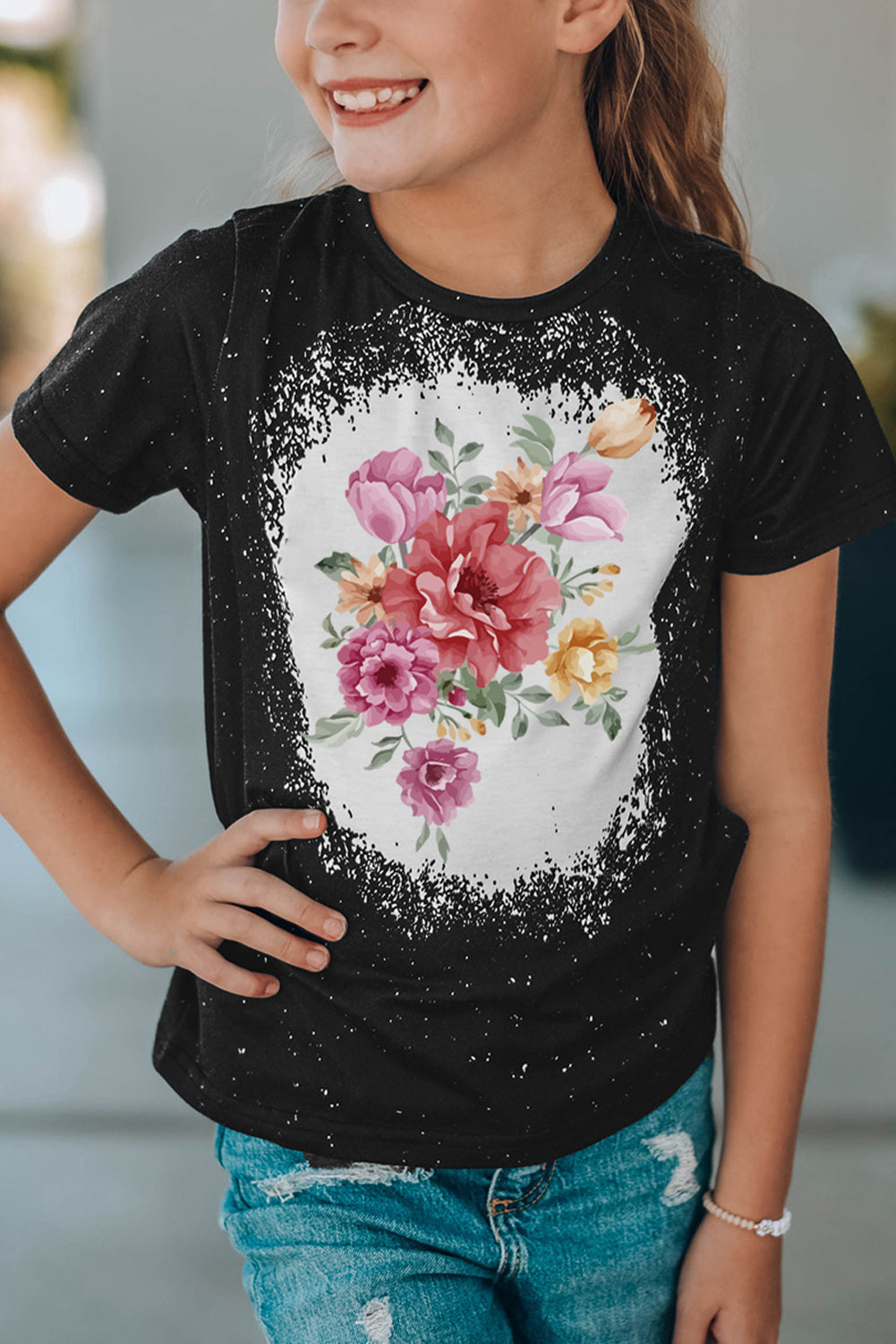 Black Family Matching Girl's Floral Print Color Block T Shirt Black 95%Polyester+5%Elastane Family T-shirts JT's Designer Fashion