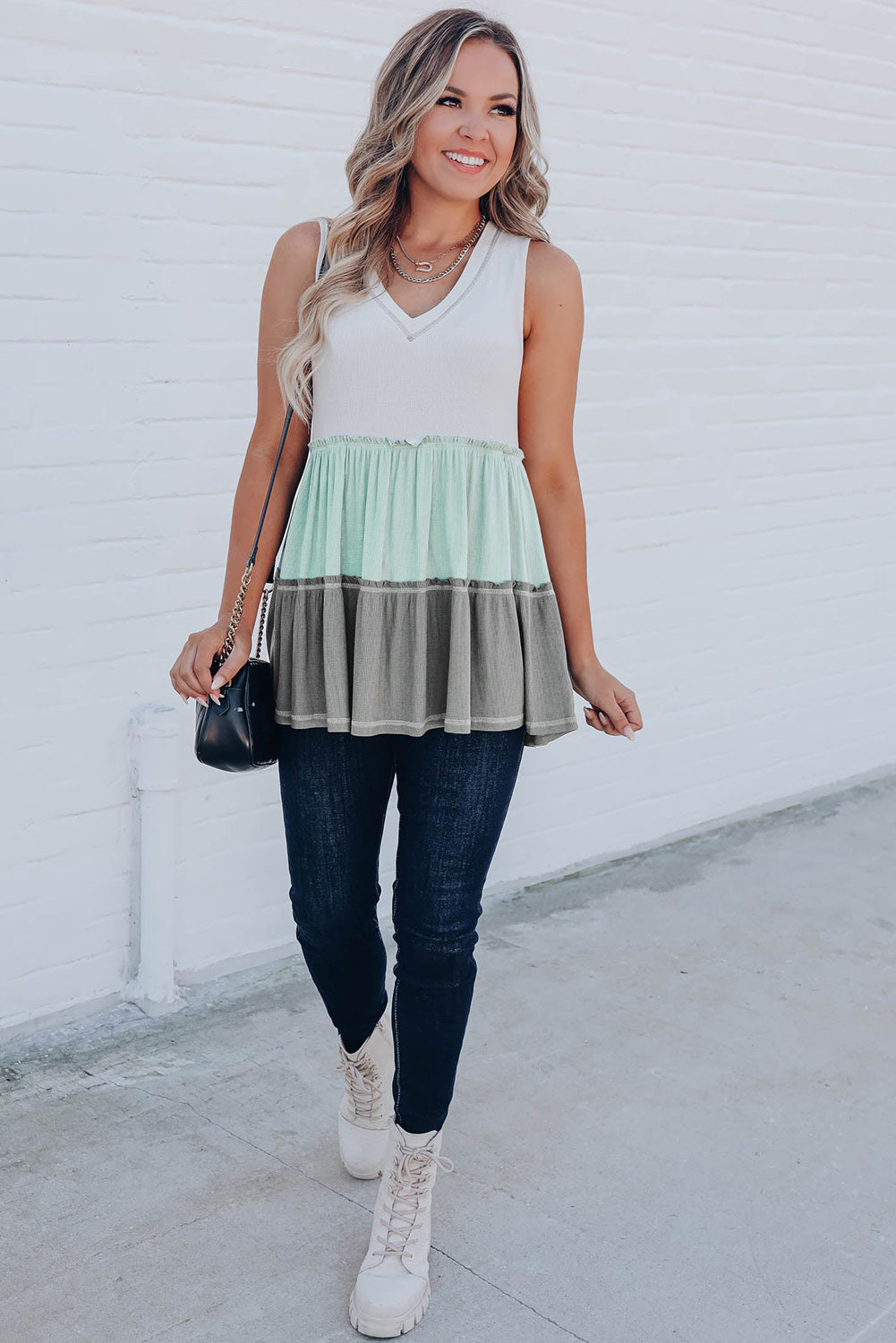 Green Ruffled V Neck Color Block Tank Top Tank Tops JT's Designer Fashion