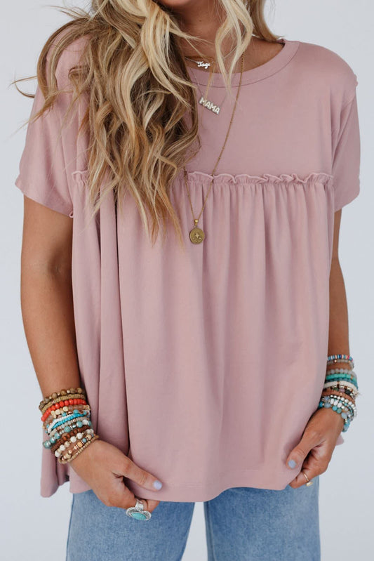 Light Pink Solid Color Ruffled Trim Loose Babydoll Blouse Tops & Tees JT's Designer Fashion