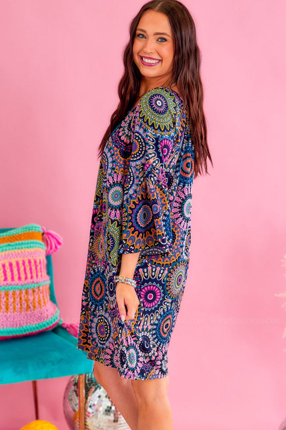 Multicolour Plus Size Paisley Print 3/4 Sleeve U-Neck Dress Plus Size JT's Designer Fashion