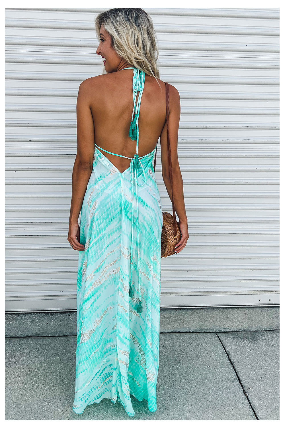 Green Tie Dye Print Lace-up Halter Open Back V Neck Maxi Dress Dresses JT's Designer Fashion