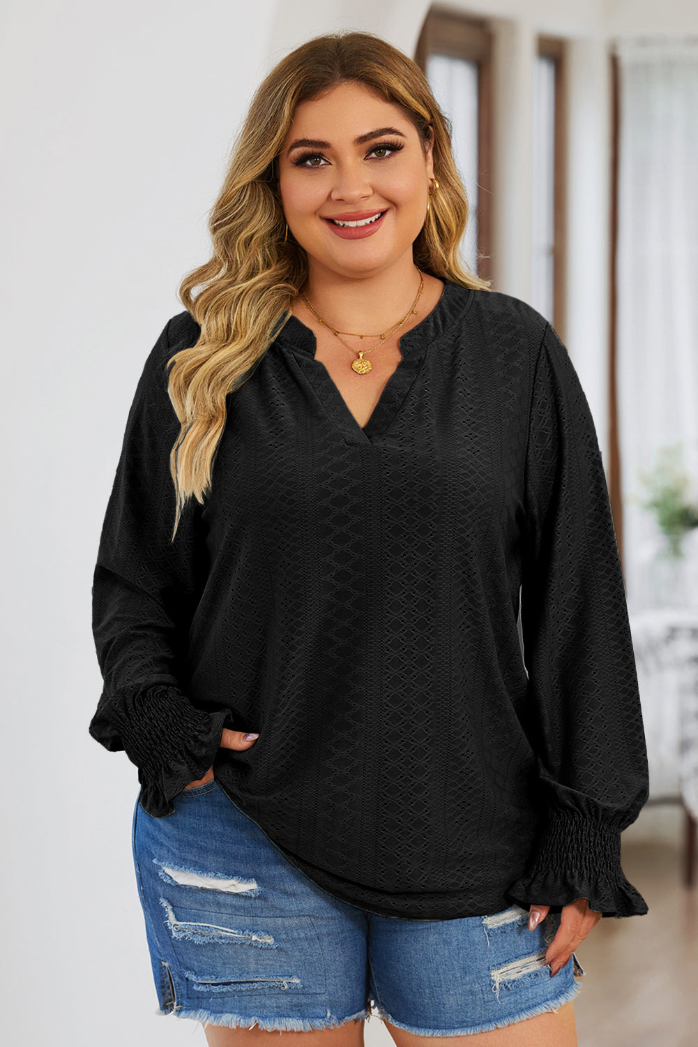 Black Eyelet Embroidered Split Neck Flounce Sleeve Curvy Top Plus Size JT's Designer Fashion