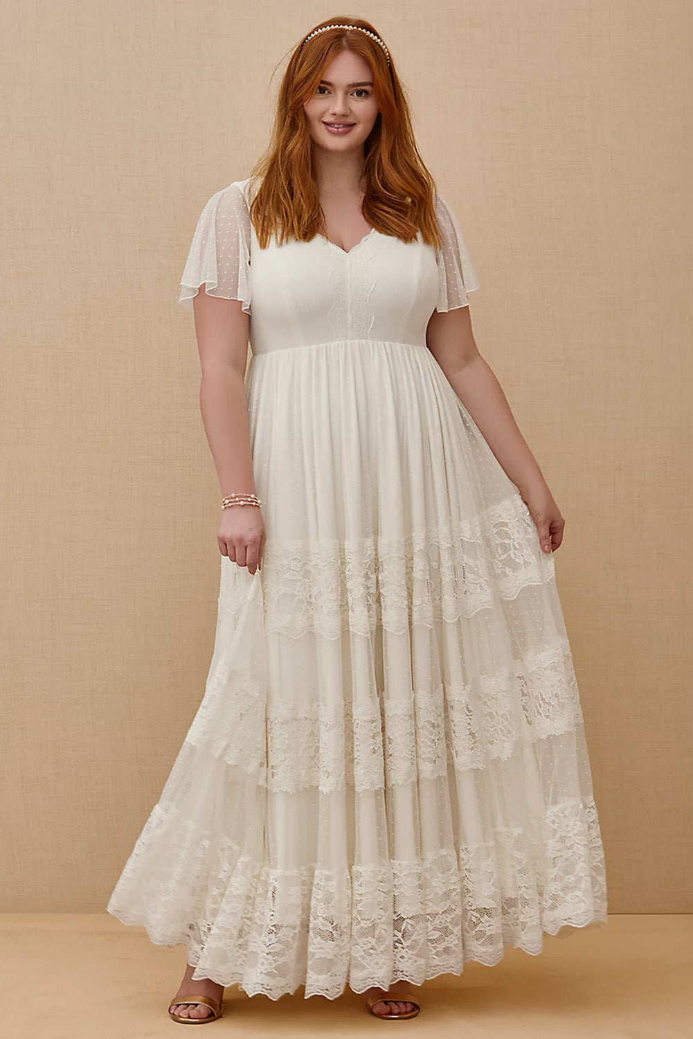 White Plus Size Lace A-line Boho Wedding Dress Plus Size Dresses JT's Designer Fashion