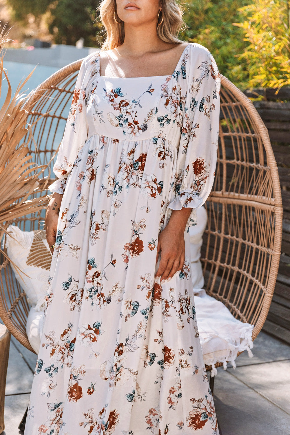 White Puff Mid-sleeve Floral Maxi Dress Maxi Dresses JT's Designer Fashion