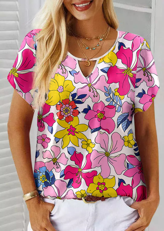 Multicolor Floral Print Cut out Short Sleeve Top Tops & Tees JT's Designer Fashion