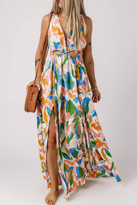 Multicolor Leaf Print Cut-out High Slit Maxi Dress Multicolor 100%Polyester Maxi Dresses JT's Designer Fashion