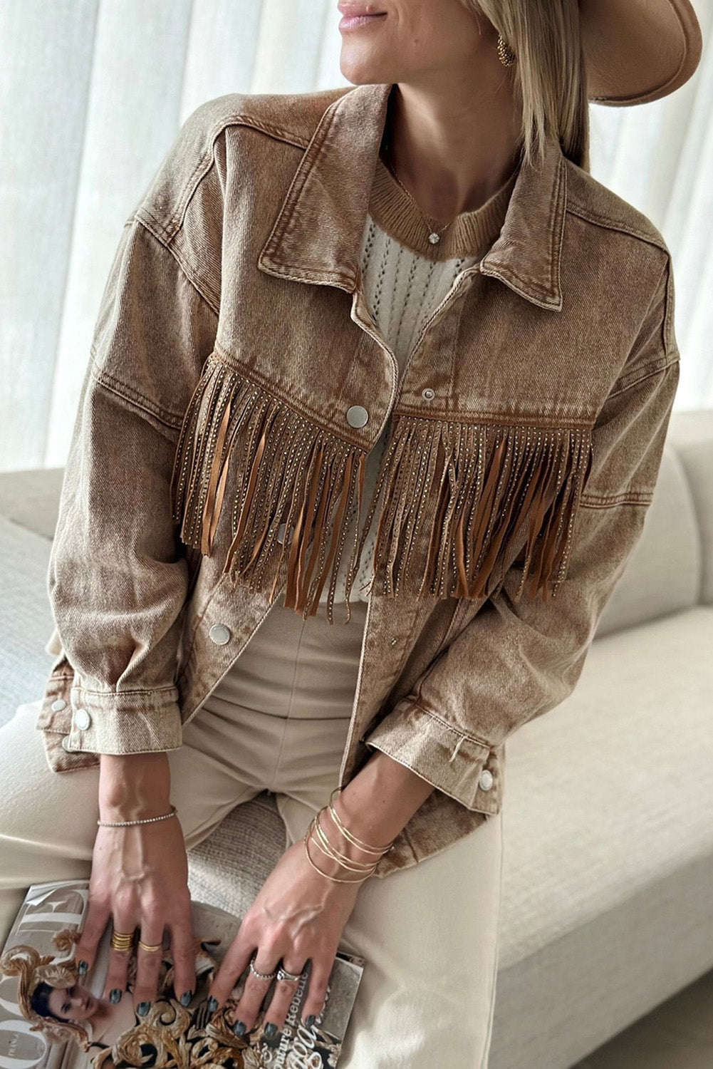 Brown Rhinestone Fringed Cowgirl Fashion Denim Jacket Denim jackets JT's Designer Fashion