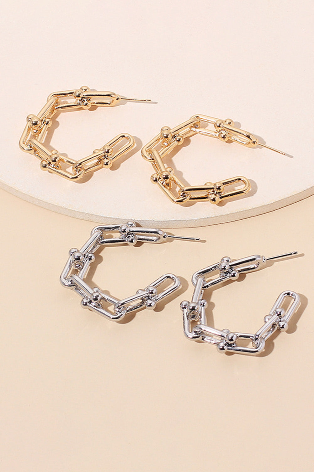 Silver Paper Clip Linked C Shape Hoop Earrings Jewelry JT's Designer Fashion