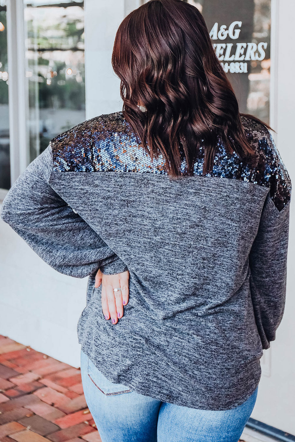 Gray Sequin Patchwork Long Sleeve Plus Size T Shirt Plus Size JT's Designer Fashion