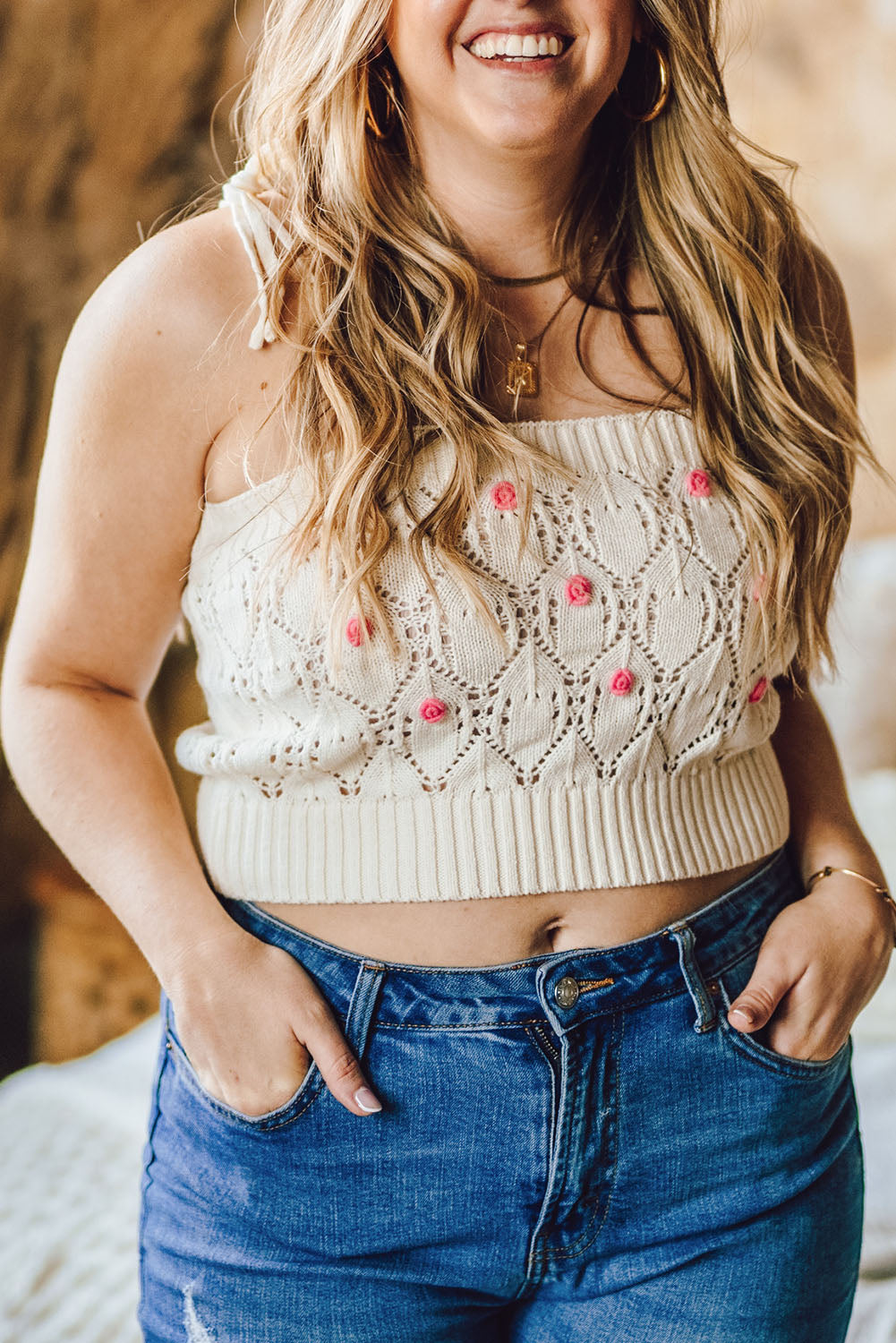 Beige Plus Size Knit Hollow-Out Sleeveless Flower Cropped Tank Top Plus Size JT's Designer Fashion