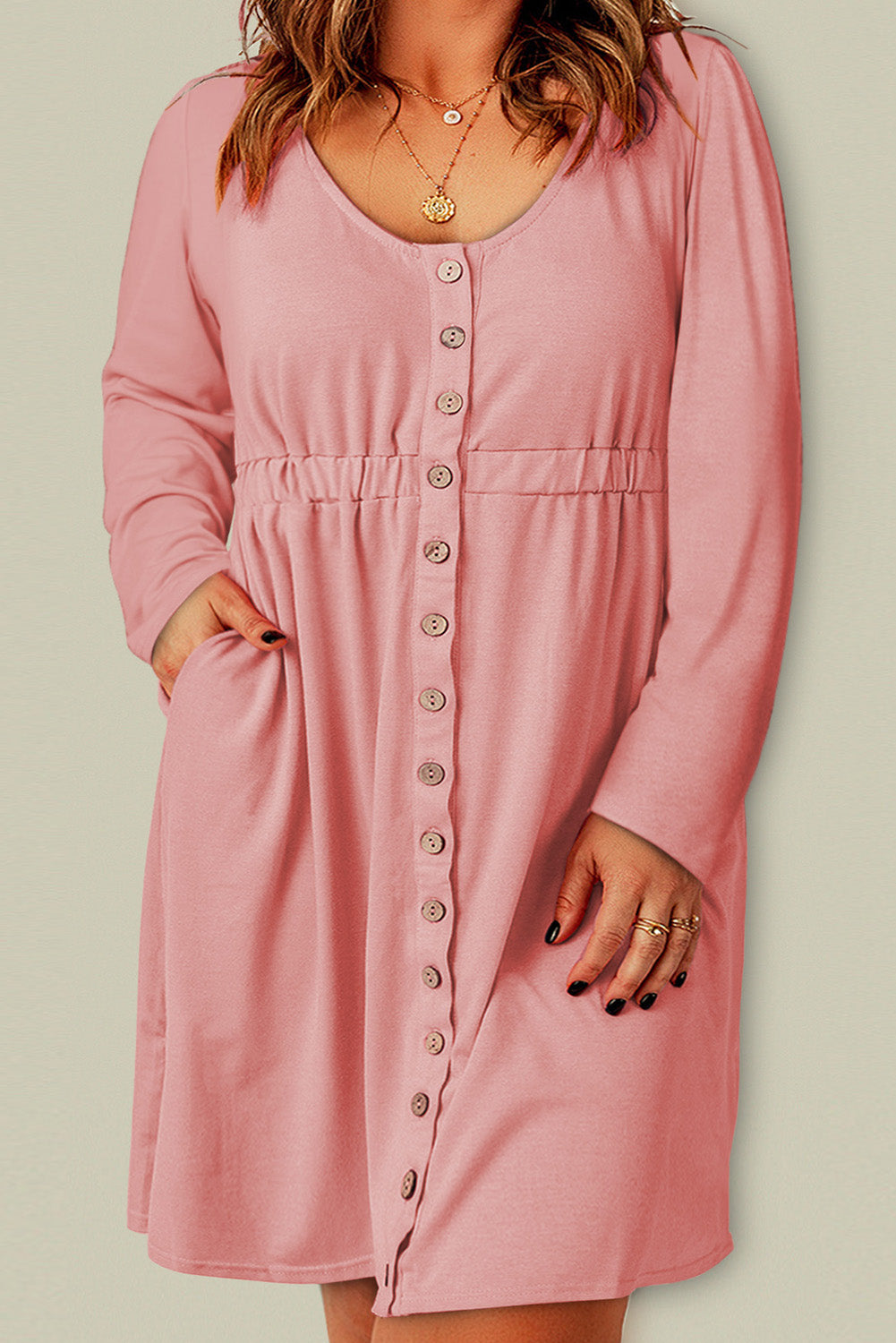 Pink Solid Button Front Plus Size Long Sleeve Dress Pink 60%Polyester+35%Viscose+5%Elastane Plus Size Dresses JT's Designer Fashion