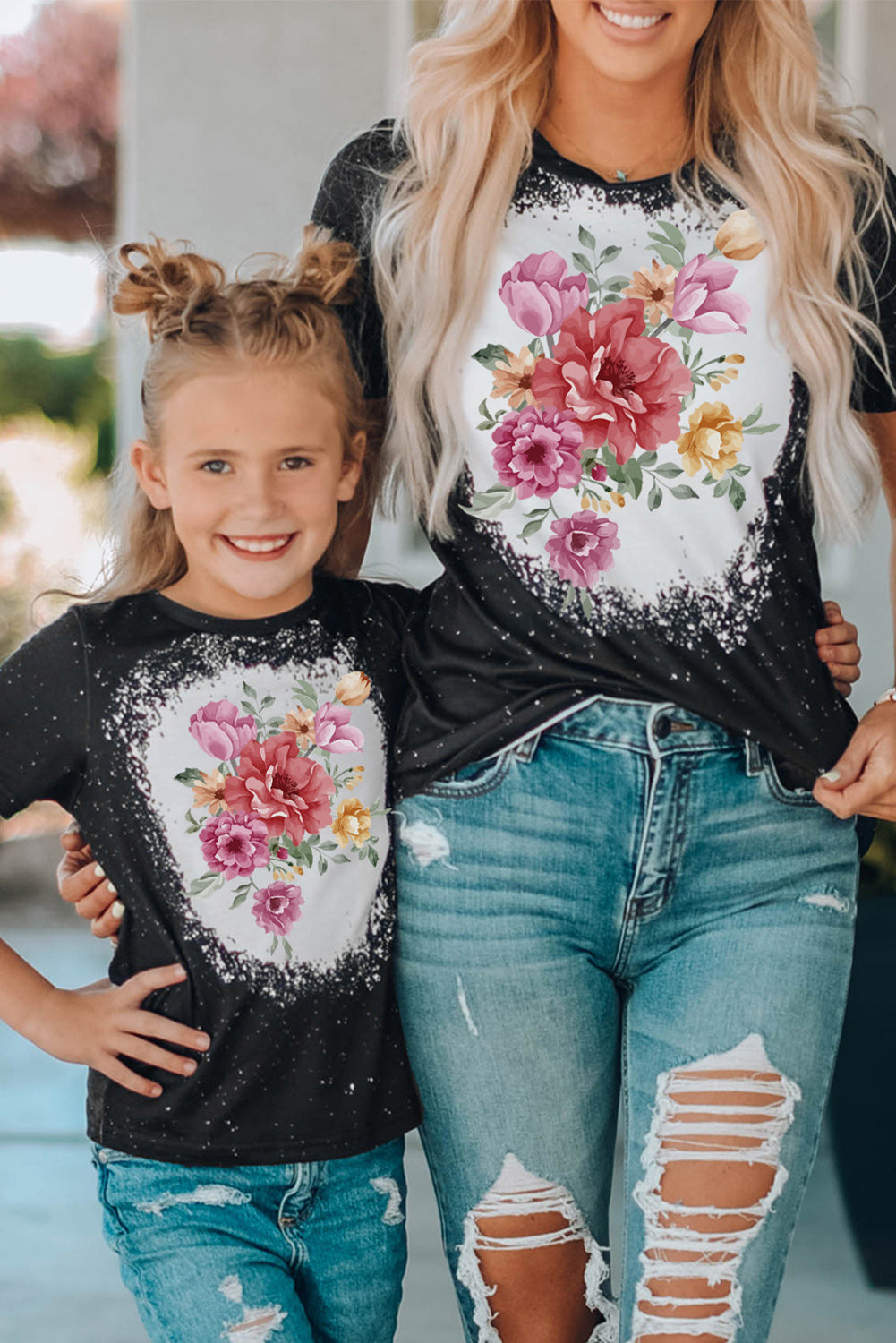 Black Family Matching Girl's Floral Print Color Block T Shirt Family T-shirts JT's Designer Fashion