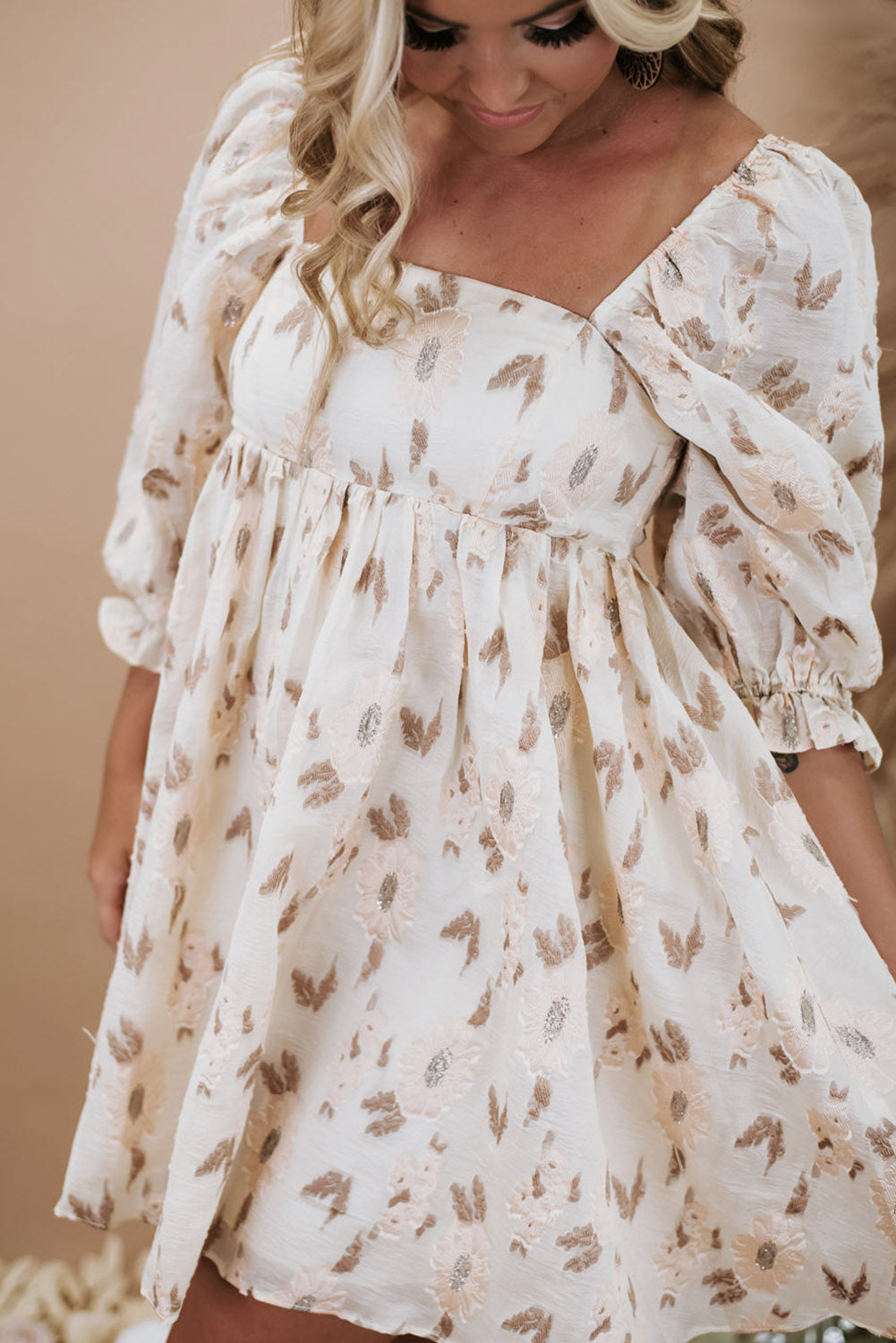 White Plus Size Floral Bubble Sleeve Square Neck Ruffled Dress Plus Size JT's Designer Fashion