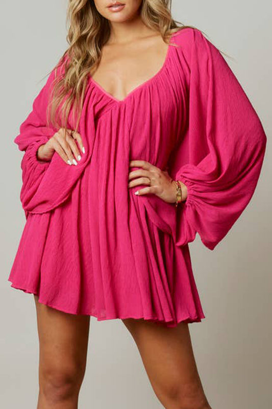 Rose Billowy Sleeve Gathered Babydoll Mini Dress Mini Dresses JT's Designer Fashion